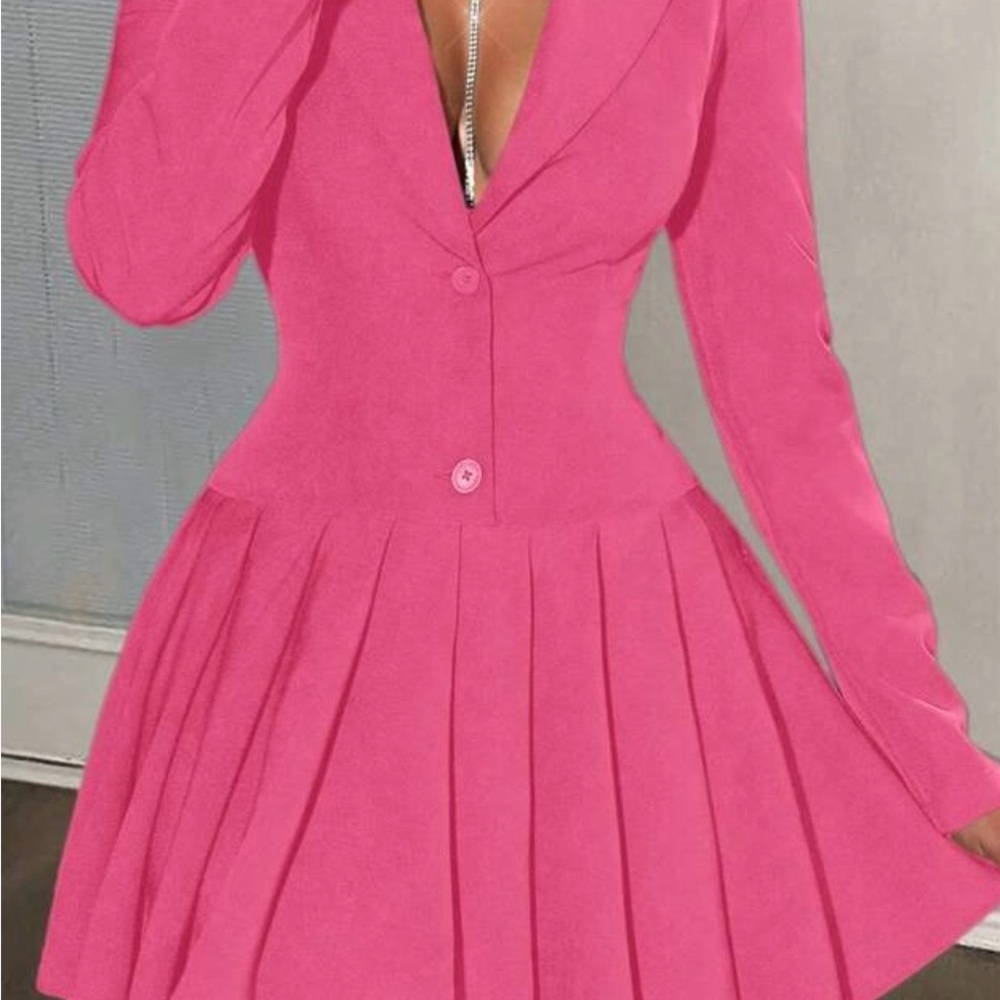 WOW*NEW*Pink Pleated Long-Sleeve Blazer Dress